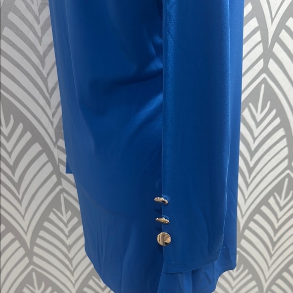 NWOT Vibrant Blue Mini Sheath Dress with Long Sleeves and Asymmetrical Neckline - Picture 2 of 10